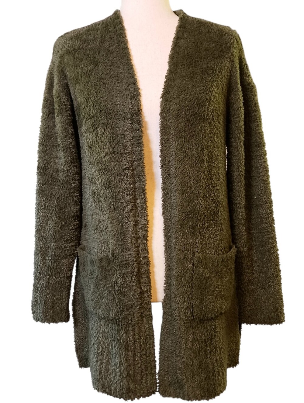 It's Our Time Cozy Open-Front Olive Green Fuzzy Cardigan Sweater